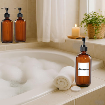 TBWIND 12 Pack Amber Glass Bottles 16oz with Pump Dispensers, Refillable Empty Pump Bottles for Bathroom, Kitchen, Shampoo, Soap, Lotion – Includes 2 Funnels & 12 Labels