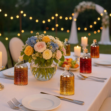 TBWIND 12 Pack 6oz Glass Bottles with Cork Stoppers, 200ml Clear Glass Liquor Bottles with 4 Vintage Patterns, Refillable Whiskey Bottles for Wine, Oil, Vinegar, Kombucha, Wedding Favors