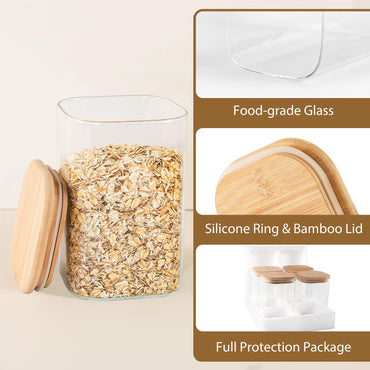 TBWIND 37oz(1.2Qt) Square Glass Storage Containers with Bamboo Lids – 4 Pack Clear Food Airtight Glass Jars for Pantry Organizers and Storage, Kitchen Dry Food, Coffee, Sugar, Flour, Snacks, Spices