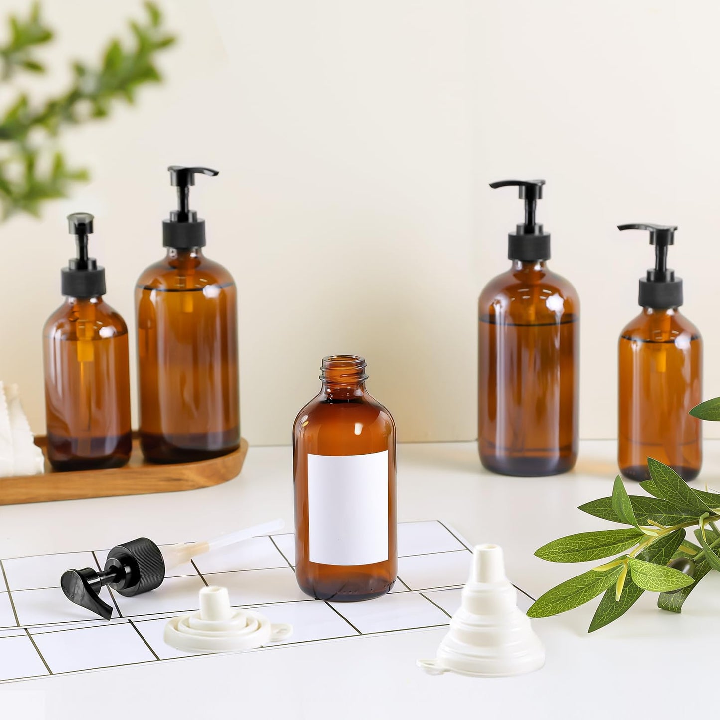 TBWIND 12 Pack Amber Glass Bottles 8oz with Pump Dispensers, Refillable Empty Pump Bottles for Bathroom, Kitchen, Shampoo, Soap, Lotion – Includes 2 Funnels & 12 Labels