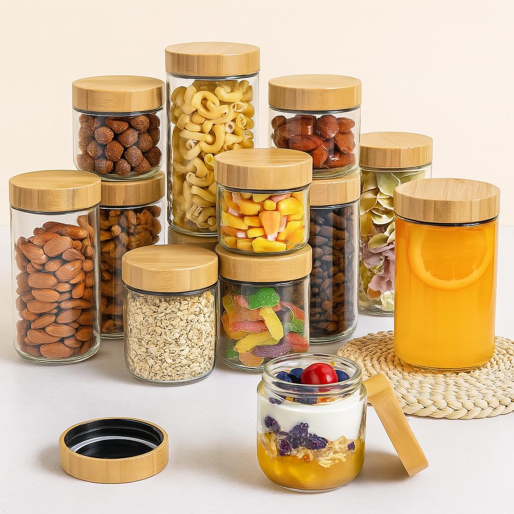 TBWIND 10oz Glass Jars with Bamboo Lids, Spoons, Airtight Overnight Oats Containers, Salad & Yogurt Storage, Mason Jars for Snacks, Spices, Meal Prep – Reusable, 4-Pack