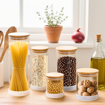 TBWIND Glass Storage Containers with Bamboo Lids – 7 Pack Airtight Clear Glass Jars in Mixed Sizes (17oz/25oz/34oz/53oz/73oz) for Pantry Organization, Kitchen Dry Food, Coffee, Flour, Pasta & Snacks