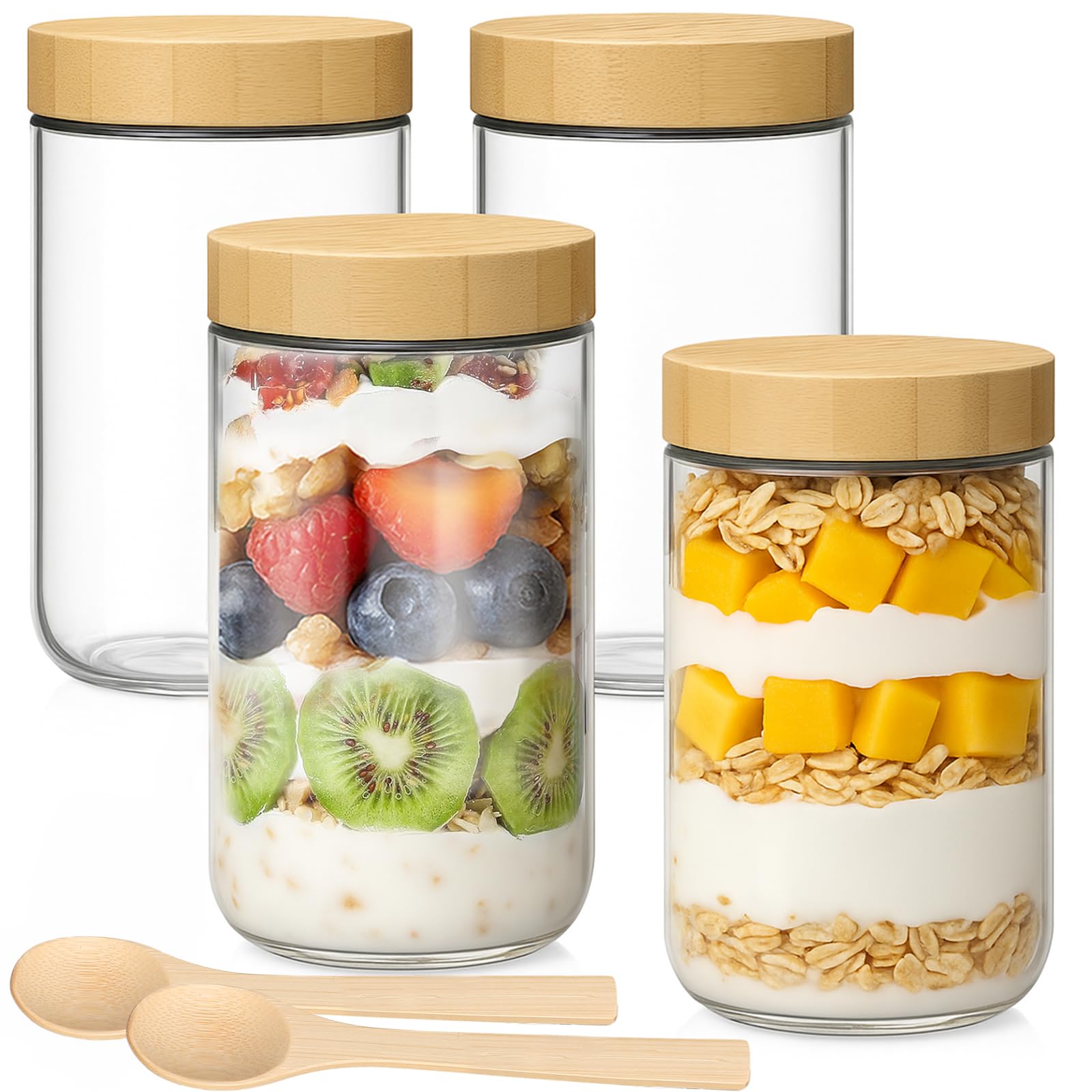 TBWIND 24oz Glass Jars with Bamboo Lids, Spoons, Airtight Overnight Oats Containers, Wide Mouth Mason Jars for Snack Storage For Food, Yogurt, Salad, Sugar and Flour, Coffee Bean, Cookie, Cereal