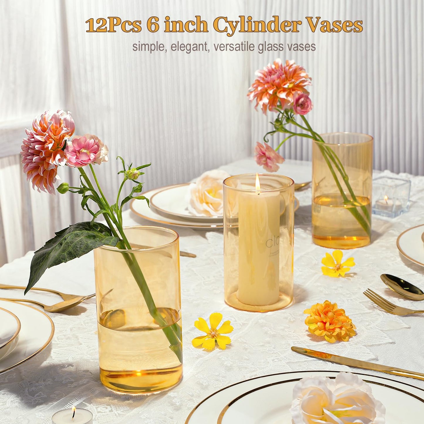 TBWIND 12pcs Glass Gold Amber Cylinder Vases for Centerpieces, 6 Inch Champagne Flower Vases for Wedding Decorations, Indoor Home Decor, Hurricane Candle Holder for Table Shelf, Party