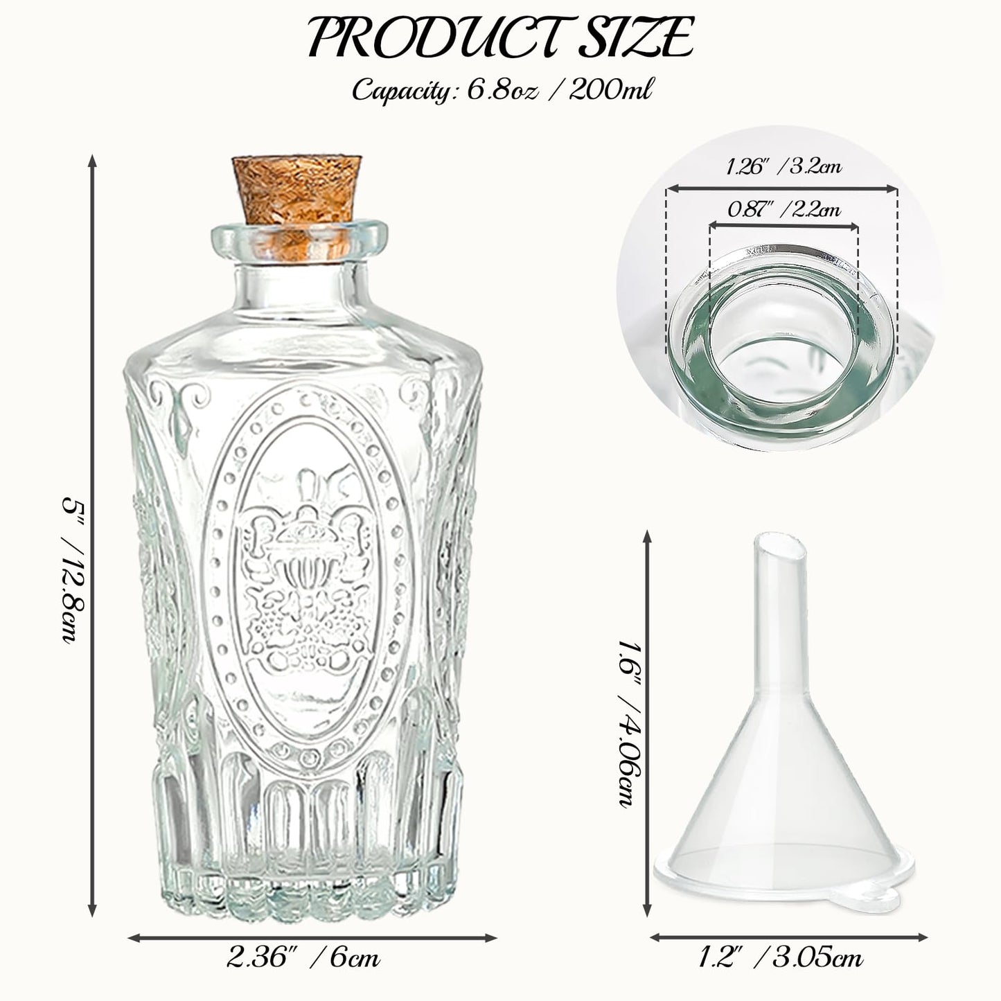 TBWIND 12 Pack 6oz Glass Bottles with Cork Stoppers, 200ml Clear Glass Liquor Bottles with 4 Vintage Patterns, Refillable Whiskey Bottles for Wine, Oil, Vinegar, Kombucha, Wedding Favors