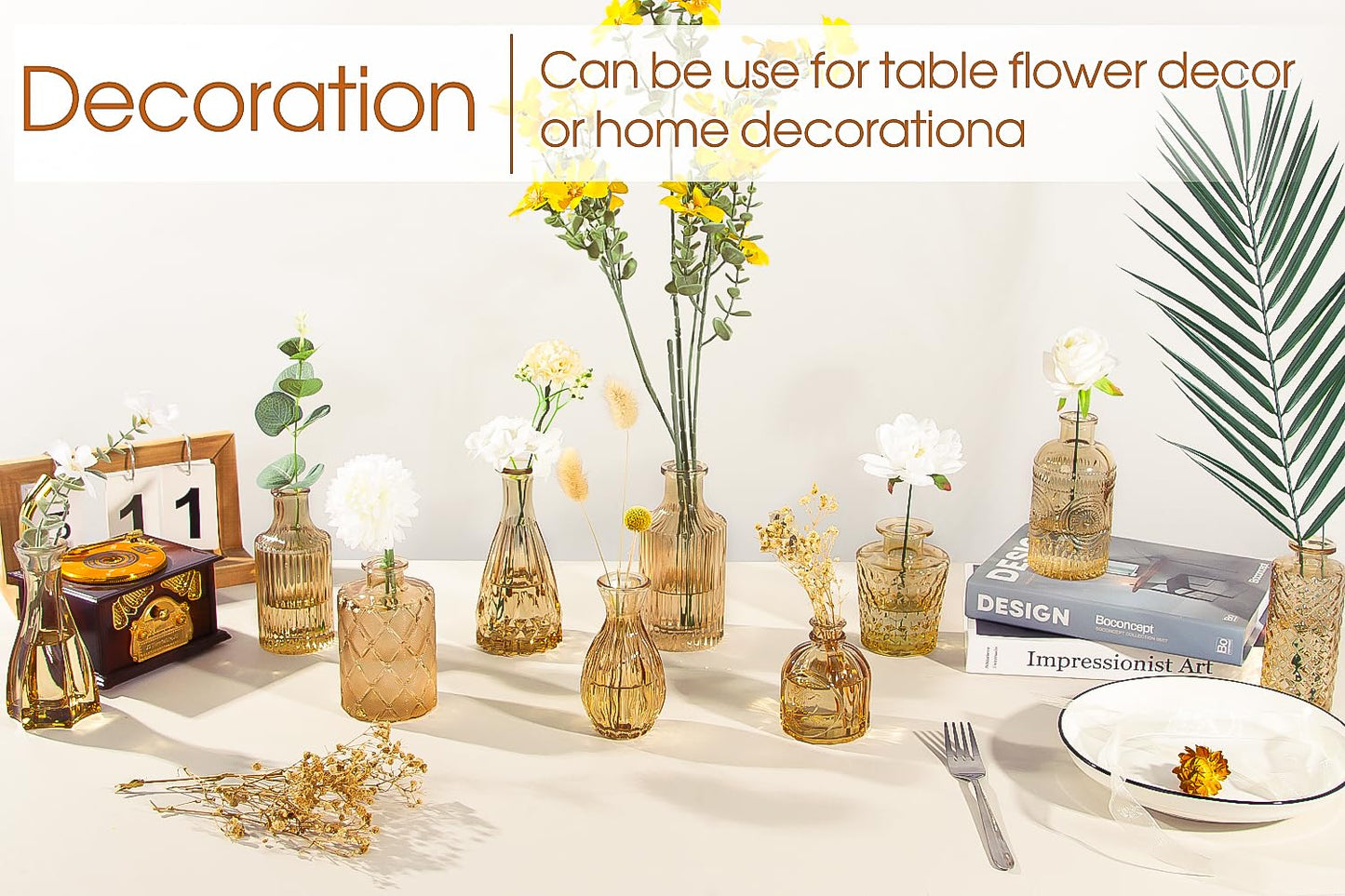 TBWIND Gold Amber Glass Bud Vases Set of 12, Small Vases for Flowers, Champagne Mini Vintage Vases for Centerpieces,Bud Vase in Bulk for Wedding Decor,Single Flowers,Office and Home Table Flower Décor