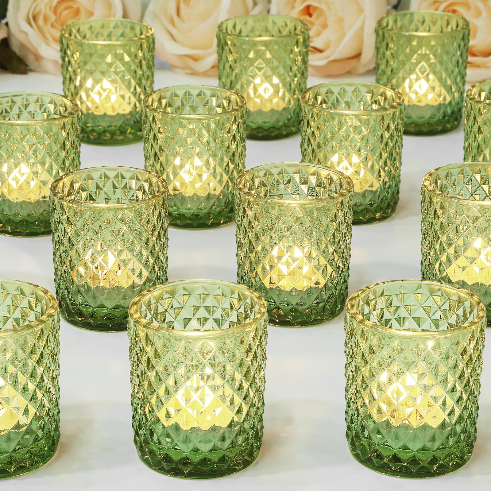 TBWIND 24 Pcs Votive Candle Holders for Wedding, Olive Green Glass Tea Lights Candle Holders for Party Table Decor, Candle Holders Bulk Baby Shower, Vintage Green Depression for Table Centerpiece