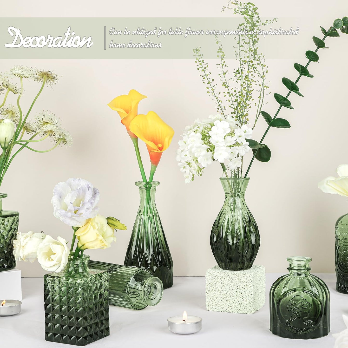 TBWIND Glass Bud Vase Set of 24, Small Green Flower Vases for Centerpieces in Bulk, Mini Vintage Vase for Wedding Decor, and Home Table Décor