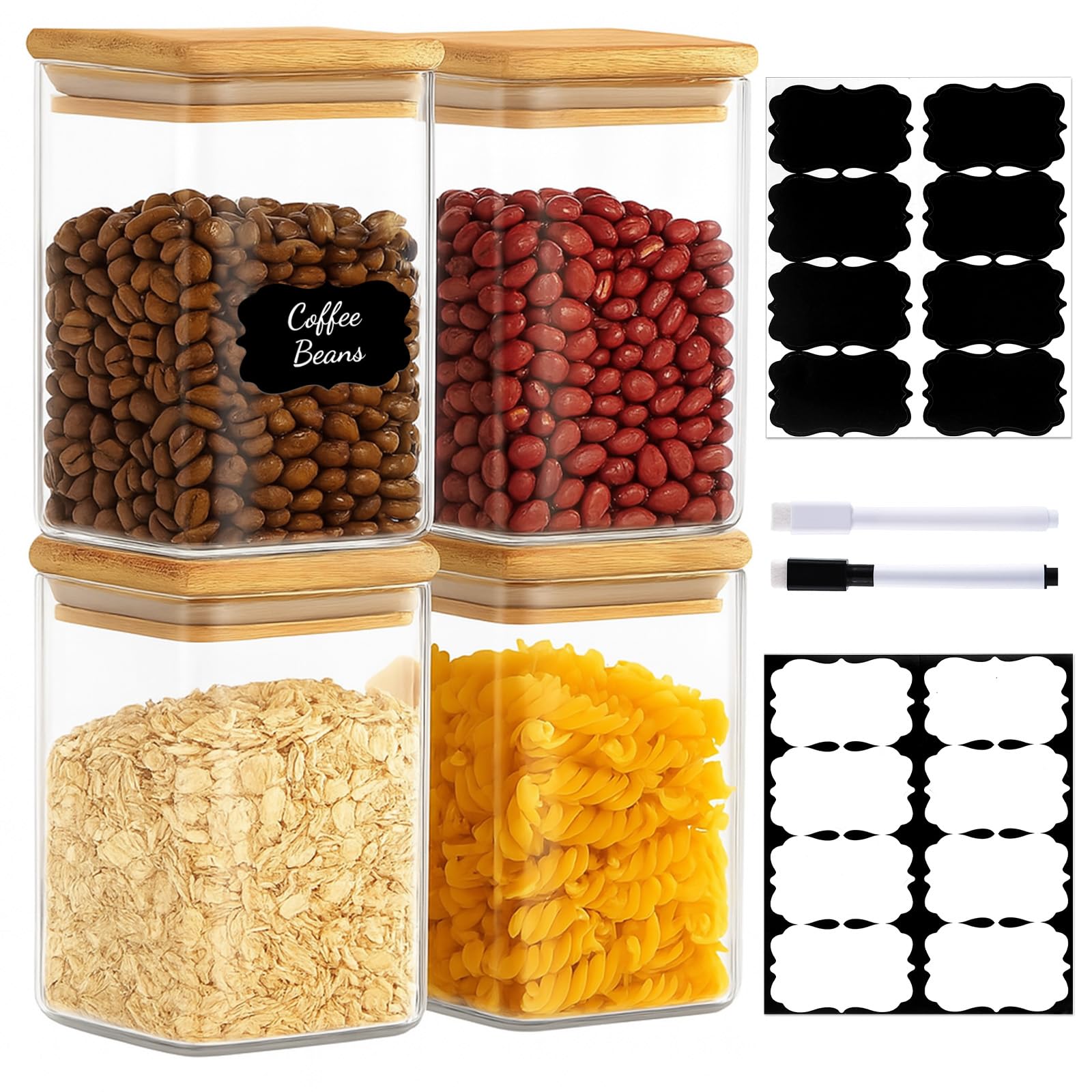 TBWIND 37oz(1.2Qt) Square Glass Storage Containers with Bamboo Lids – 4 Pack Clear Food Airtight Glass Jars for Pantry Organizers and Storage, Kitchen Dry Food, Coffee, Sugar, Flour, Snacks, Spices