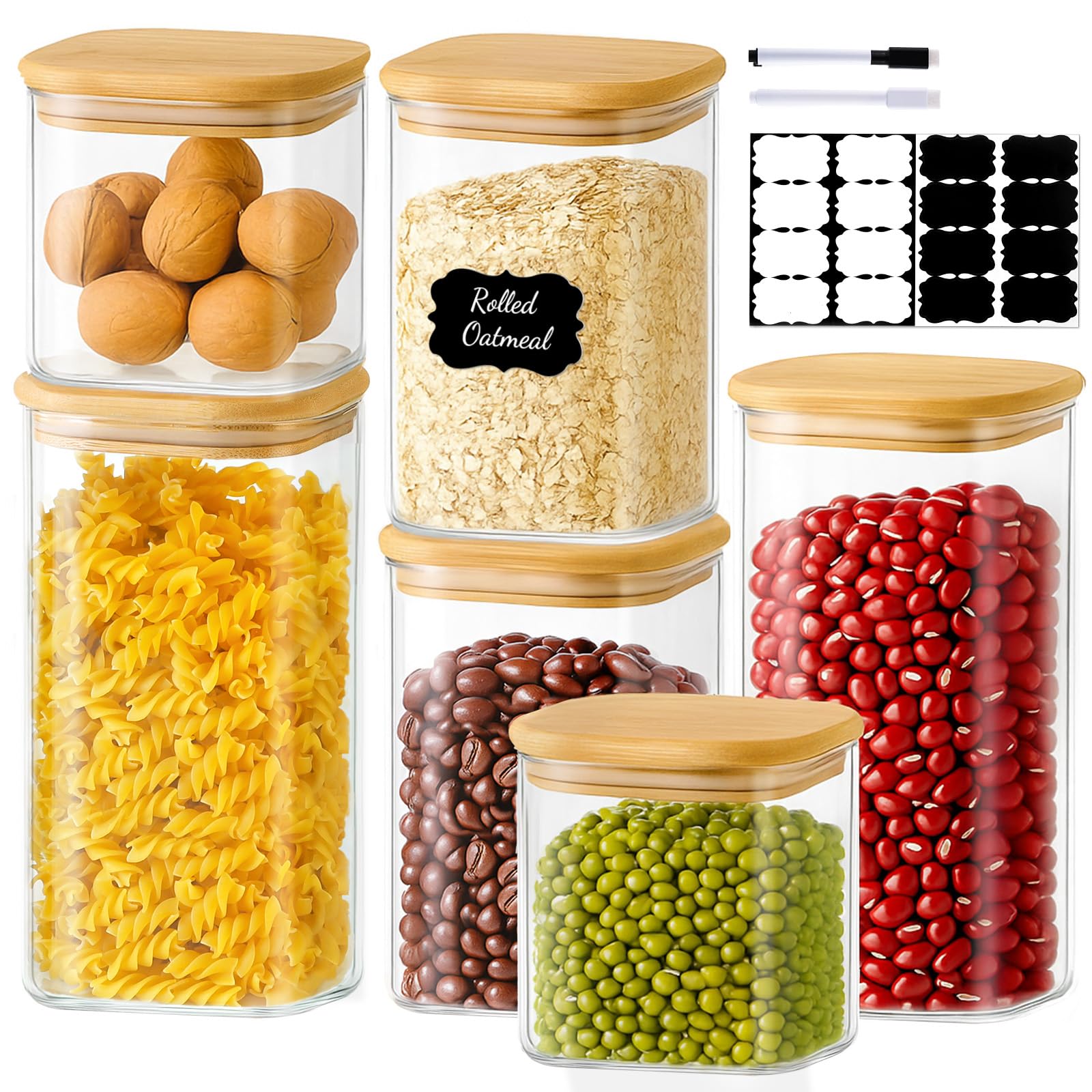 TBWIND 6 Pack Square Glass Storage Containers with Bamboo Lids (24oz/37oz/51oz) – Clear Food Airtight Canisters Sets for The Kitchen, Glass Jars for Coffee Beans, Coffee, Flour, Snacks, Spices