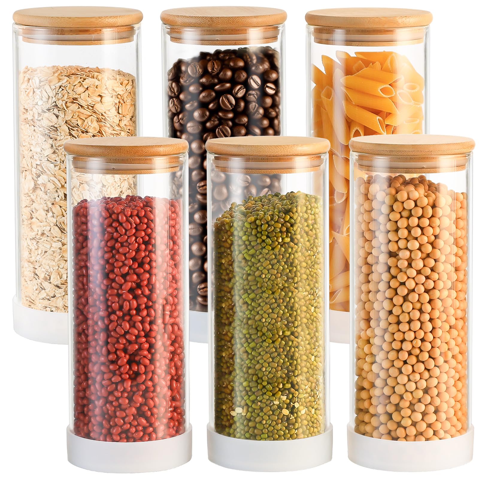 TBWIND 34oz Round Glass Storage Containers with Bamboo Lids – 6 Pack Medium Clear Food Airtight Glass Jars for Pantry Organizers and Storage, Kitchen Dry Food, Flour, Cereal, Coffee Beans & Staples