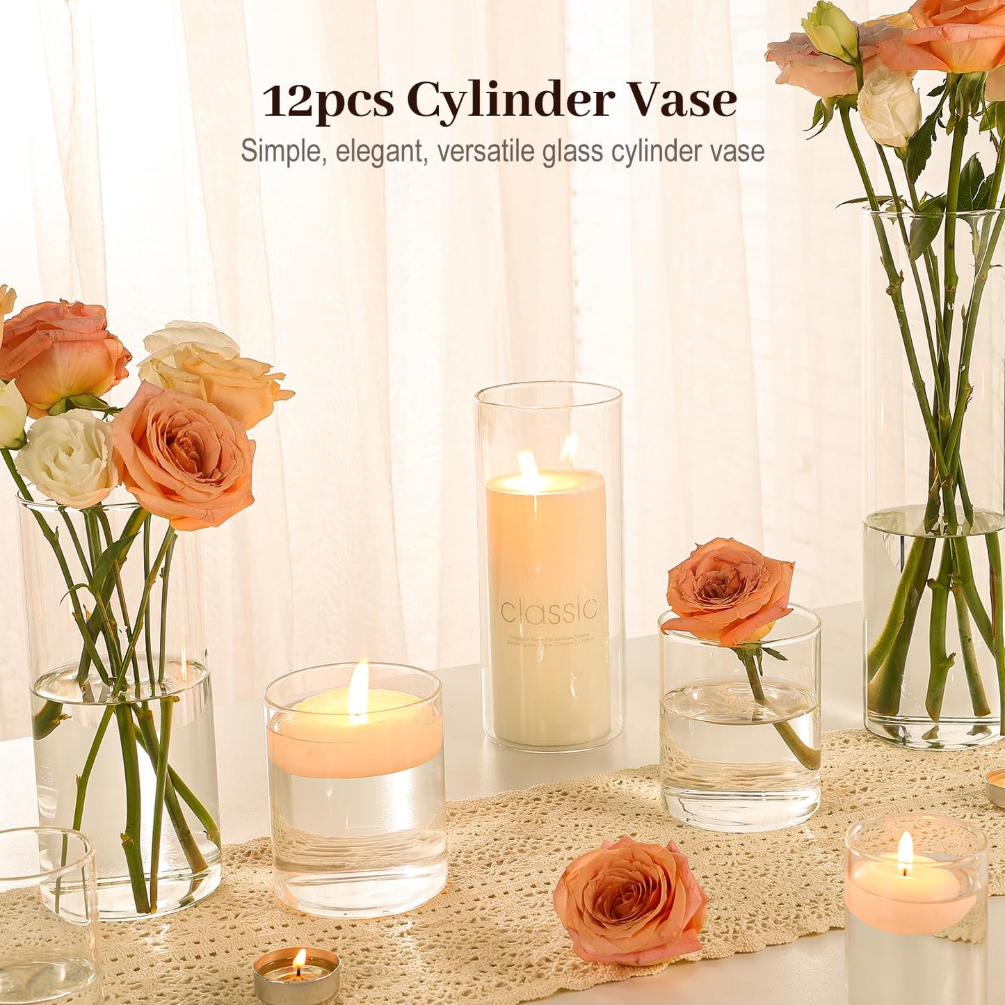 TBWIND 12 Pack Glass Cylinder Vases 4, 8, 12 Inch Tall Clear Vases for Centerpieces Wedding Decoration, Clear Glass Flower Vases Hurricane Floating Candle Holder for Party Table Home Decor