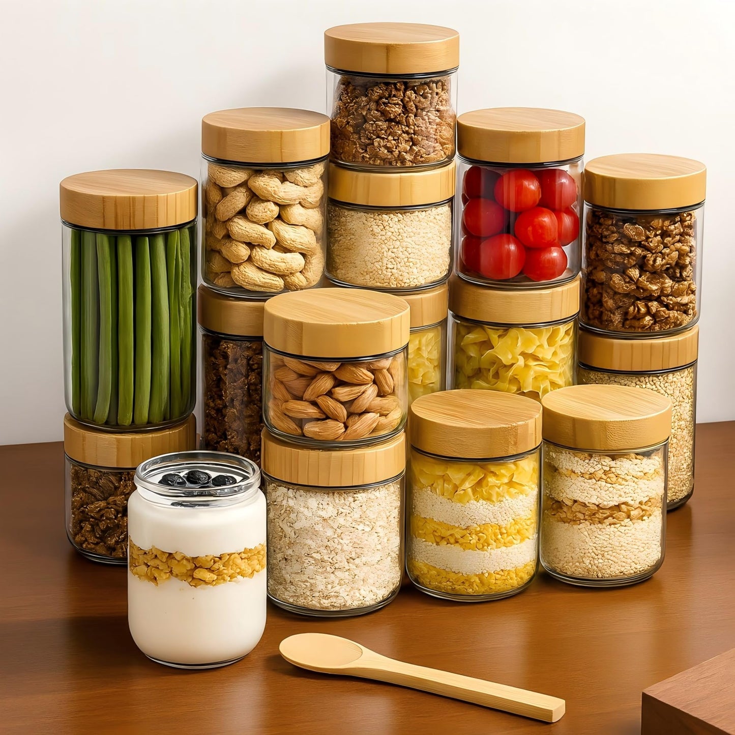 TBWIND 24oz Glass Jars with Bamboo Lids, Spoons, Airtight Overnight Oats Containers, Wide Mouth Mason Jars for Snack Storage For Food, Yogurt, Salad, Sugar and Flour, Coffee Bean, Cookie, Cereal