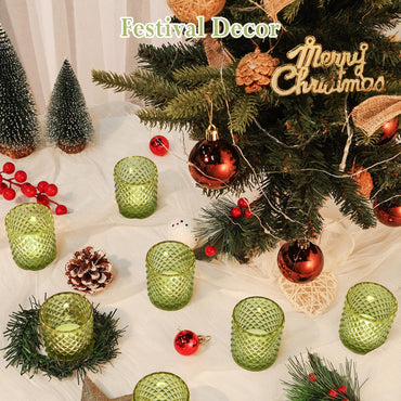 TBWIND 24 Pcs Votive Candle Holders for Wedding, Olive Green Glass Tea Lights Candle Holders for Party Table Decor, Candle Holders Bulk Baby Shower, Vintage Green Depression for Table Centerpiece