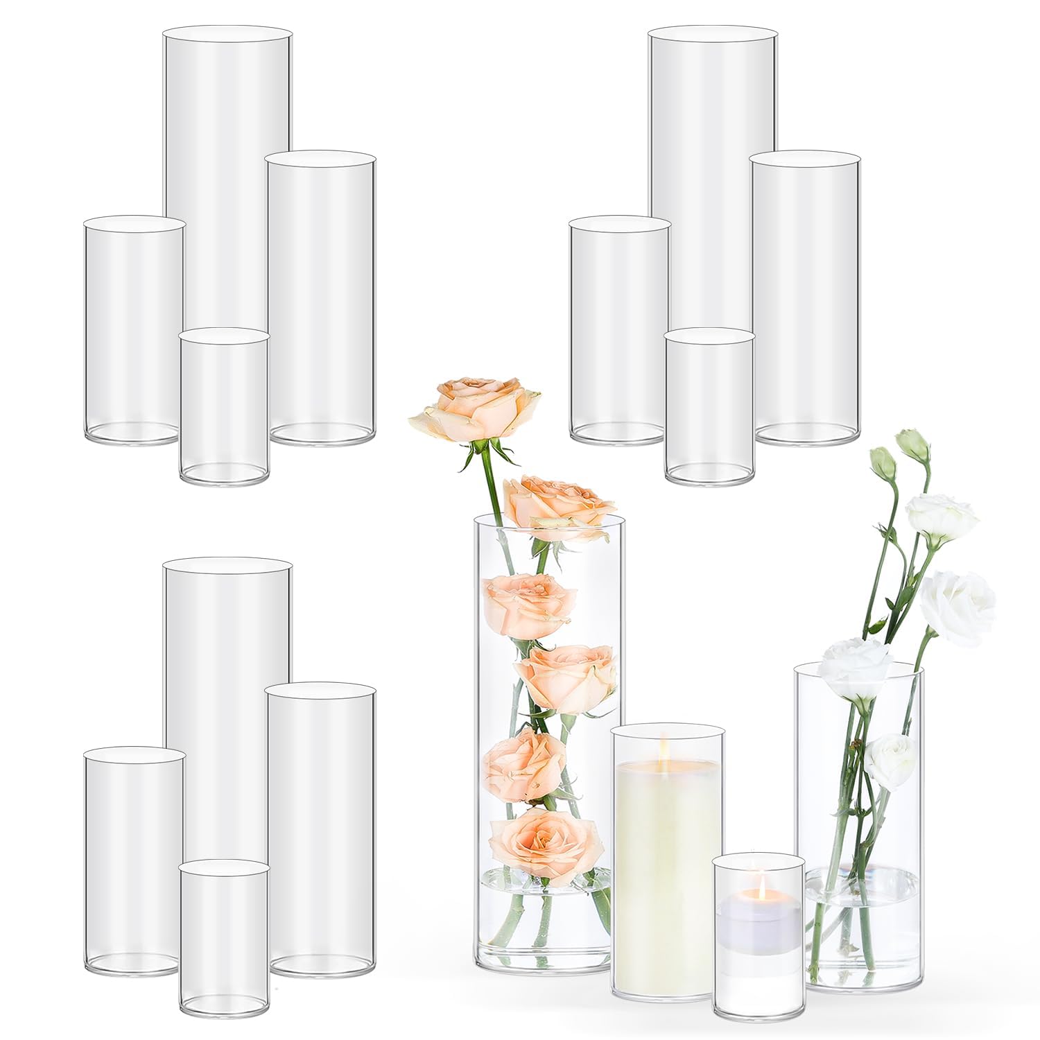 TBWIND 16 Pack Glass Cylinder Vases 4, 6, 8, 10 Inch Tall Clear Flower Vases for Table Centerpieces Wedding Decoration, Hurricane Floating Candle Holder for Party Home Decor