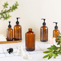 TBWIND 12 Pack Amber Glass Bottles 16oz with Pump Dispensers, Refillable Empty Pump Bottles for Bathroom, Kitchen, Shampoo, Soap, Lotion – Includes 2 Funnels & 12 Labels