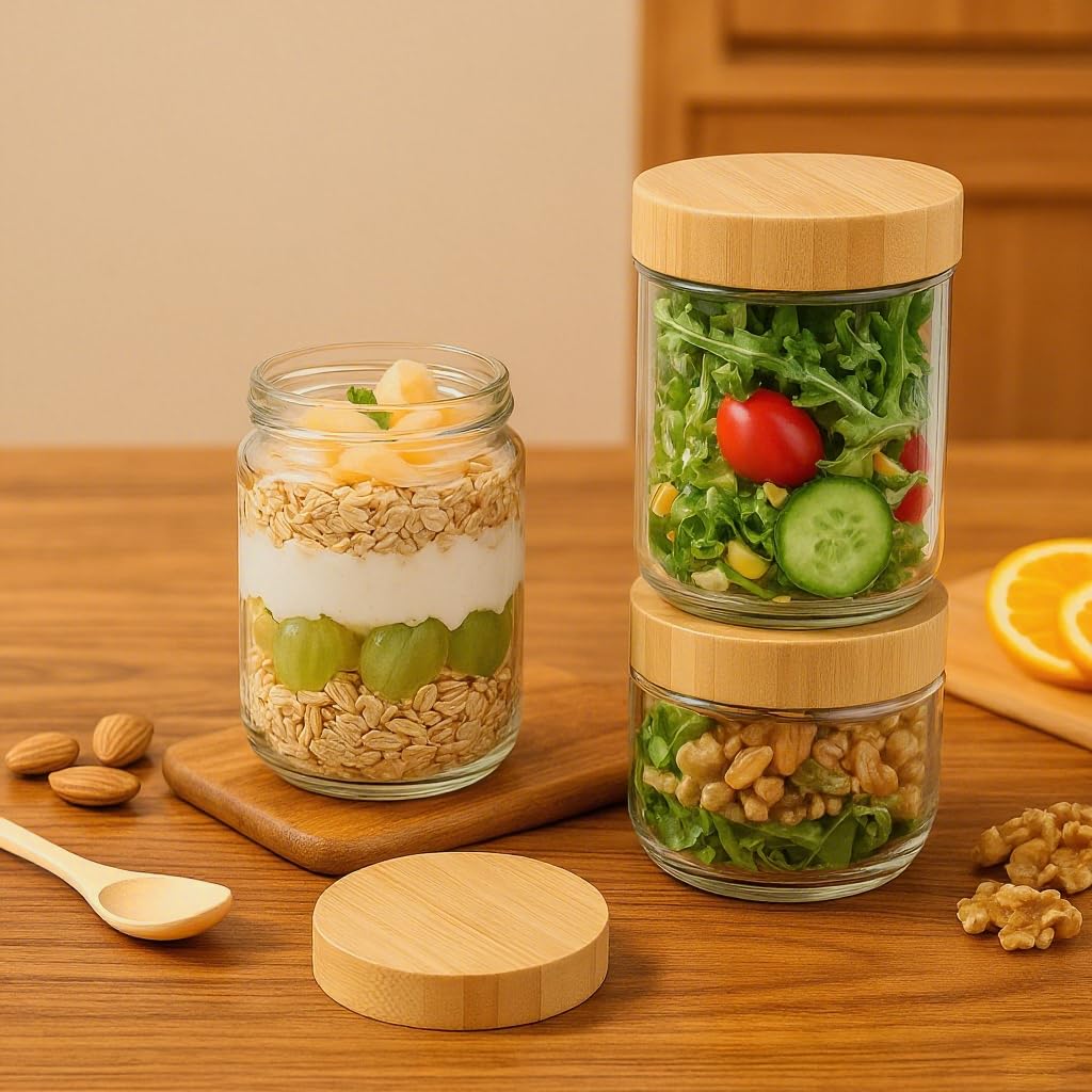 TBWIND 12 Pack 16oz Glass Jars with Bamboo Lids, Spoons, Airtight Overnight Oats Containers, Salad& Yogurt Storage, Mason Jars for Snacks, Spices, Meal Prep – Reusable