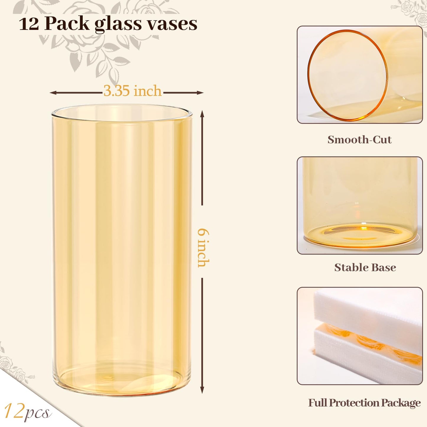 TBWIND 12pcs Glass Gold Amber Cylinder Vases for Centerpieces, 6 Inch Champagne Flower Vases for Wedding Decorations, Indoor Home Decor, Hurricane Candle Holder for Table Shelf, Party