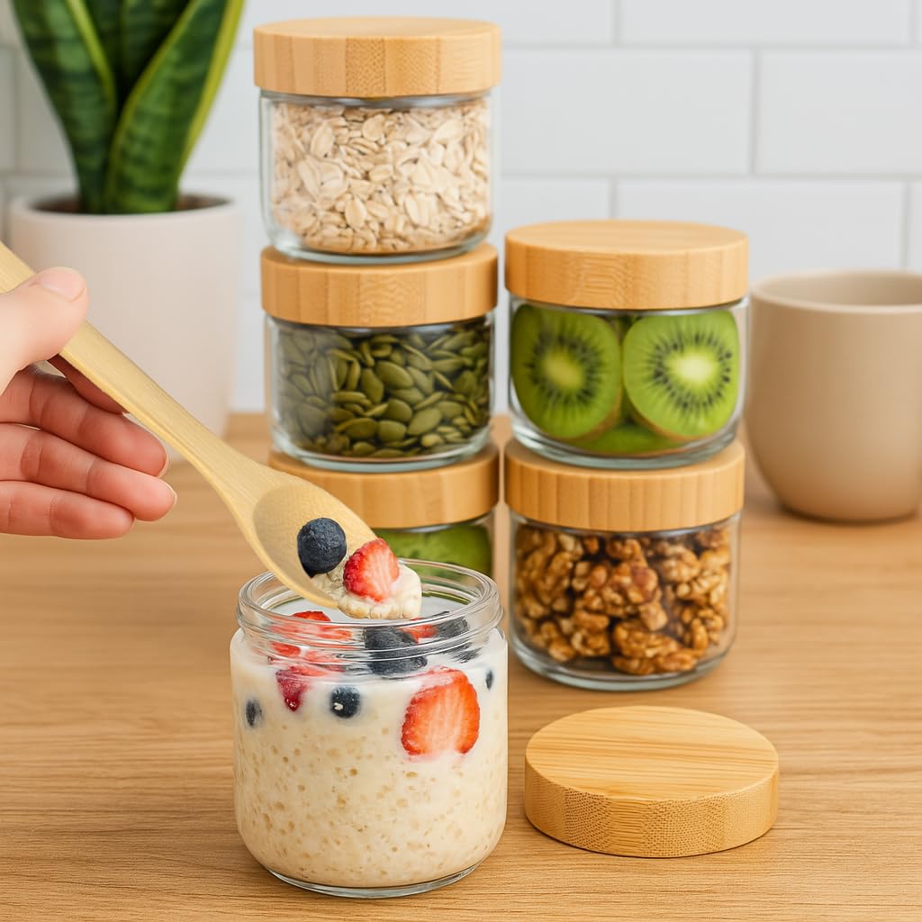 TBWIND 10oz Glass Jars with Bamboo Lids, Spoons, Airtight Overnight Oats Containers, Salad & Yogurt Storage, Mason Jars for Snacks, Spices, Meal Prep – Reusable, 4-Pack