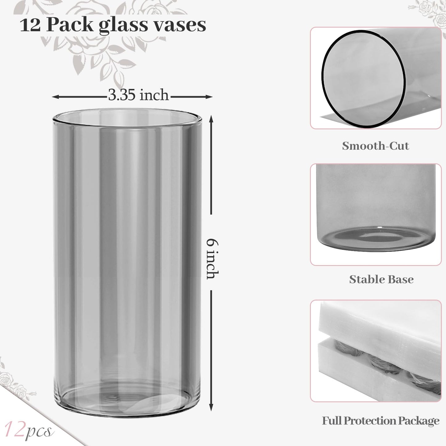 TBWIND 12pcs Glass Gray Cylinder Vases for Centerpieces, 6 Inch Grey Flower Vases for Wedding Decorations, Indoor Home Decor, Hurricane Candle Holder for Table Shelf, Party