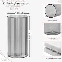 TBWIND 12pcs Glass Gray Cylinder Vases for Centerpieces, 6 Inch Grey Flower Vases for Wedding Decorations, Indoor Home Decor, Hurricane Candle Holder for Table Shelf, Party