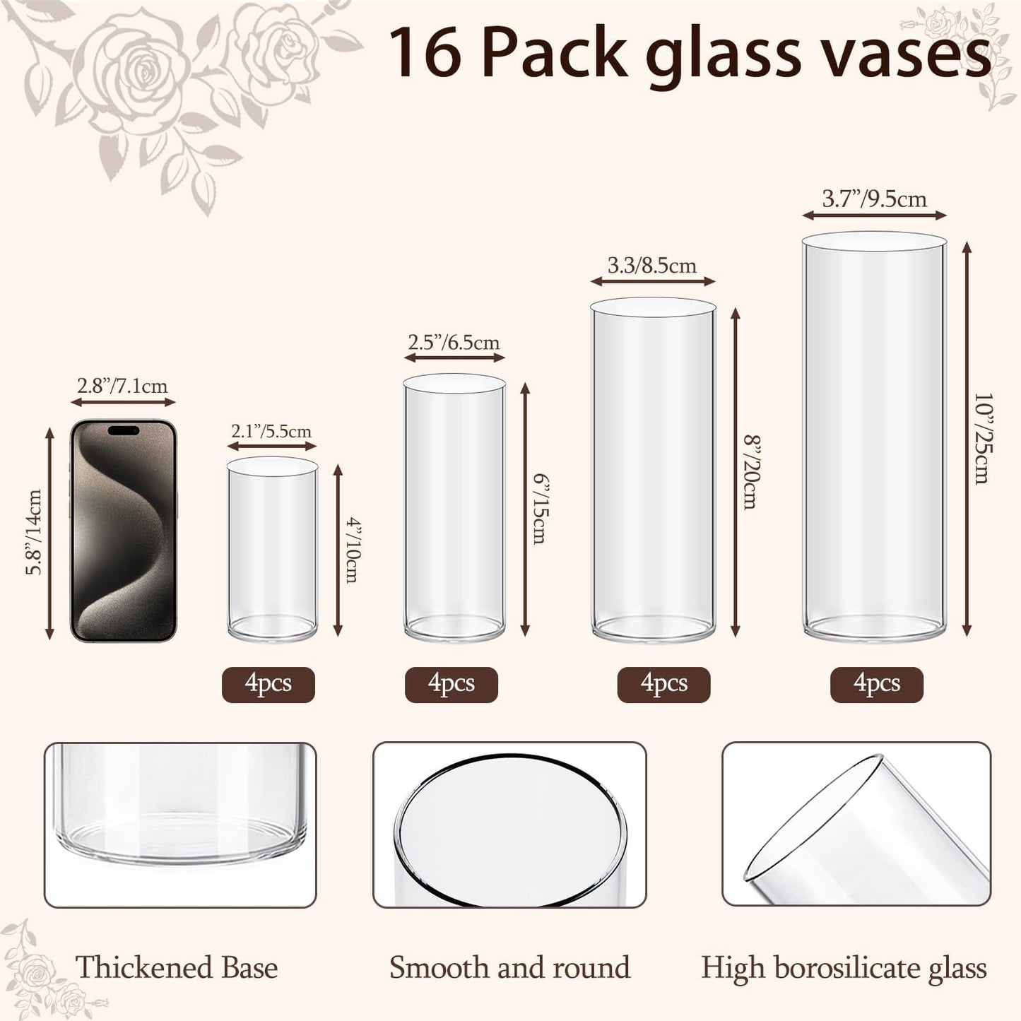 TBWIND 16 Pack Glass Cylinder Vases 4, 6, 8, 10 Inch Tall Clear Flower Vases for Table Centerpieces Wedding Decoration, Hurricane Floating Candle Holder for Party Home Decor