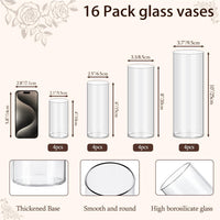 TBWIND 16 Pack Glass Cylinder Vases 4, 6, 8, 10 Inch Tall Clear Flower Vases for Table Centerpieces Wedding Decoration, Hurricane Floating Candle Holder for Party Home Decor