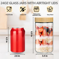 TBWIND 24oz Glass Jars with Bamboo Lids, Spoons, Airtight Overnight Oats Containers, Wide Mouth Mason Jars for Snack Storage For Food, Yogurt, Salad, Sugar and Flour, Coffee Bean, Cookie, Cereal