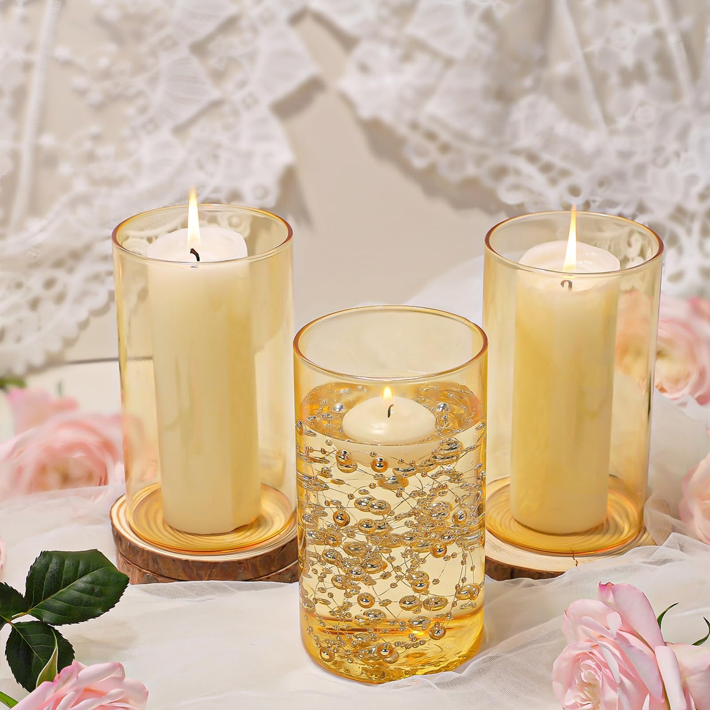 TBWIND 12pcs Glass Gold Amber Cylinder Vases for Centerpieces, 6 Inch Champagne Flower Vases for Wedding Decorations, Indoor Home Decor, Hurricane Candle Holder for Table Shelf, Party