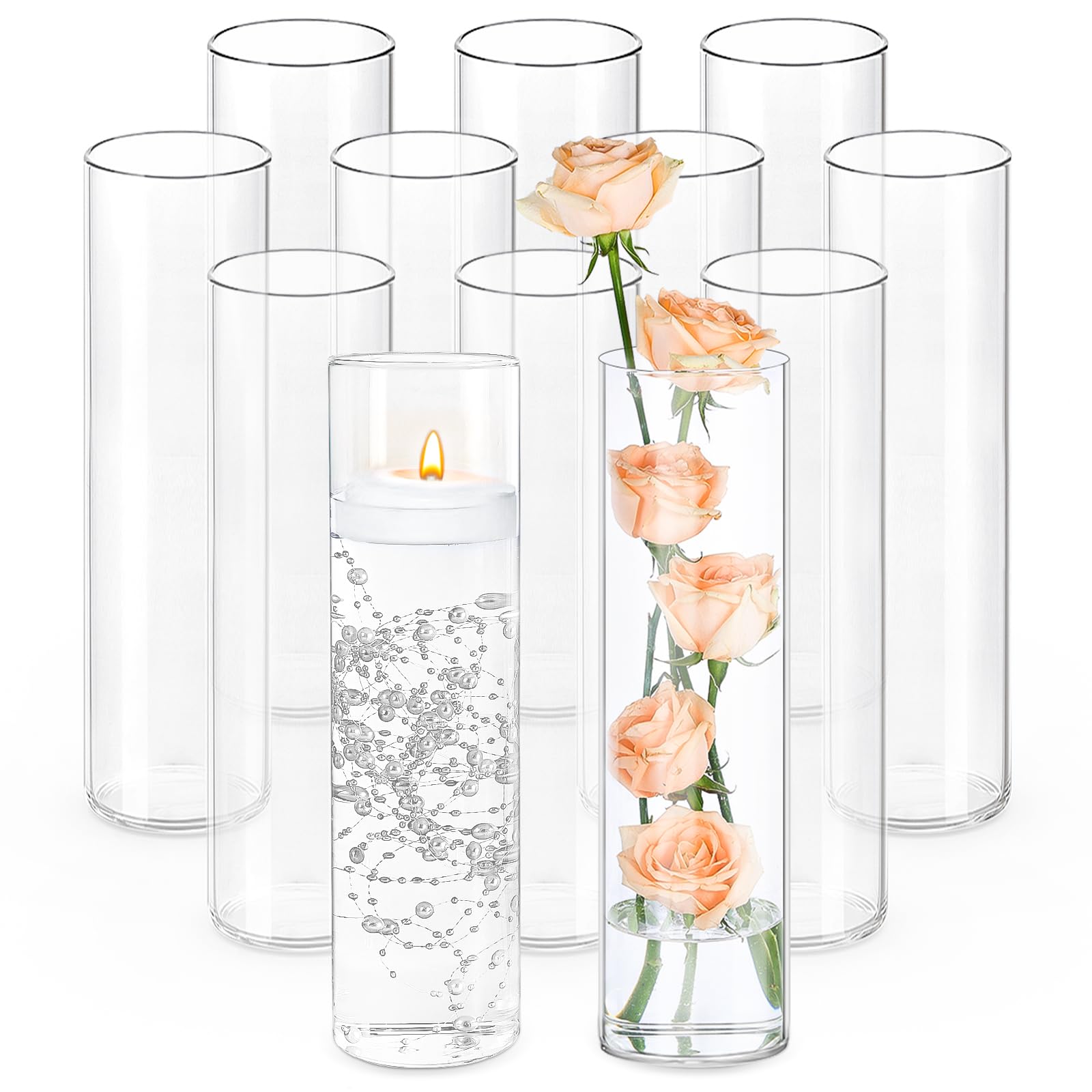 TBWIND 12Pcs Glass Cylinder Vases 12 Inch Tall Clear Flower Vases for Centerpieces Wedding Decoration, Hurricane Floating Candle Holder for Party Table Home Decor