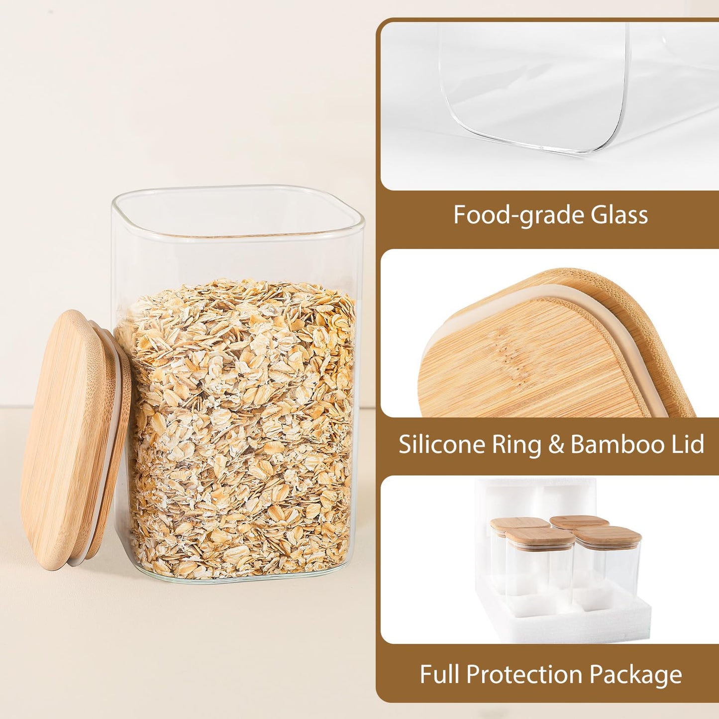 TBWIND 37oz(1.2Qt) Square Glass Storage Containers with Bamboo Lids – 4 Pack Clear Food Airtight Glass Jars for Pantry Organizers and Storage, Kitchen Dry Food, Coffee, Sugar, Flour, Snacks, Spices