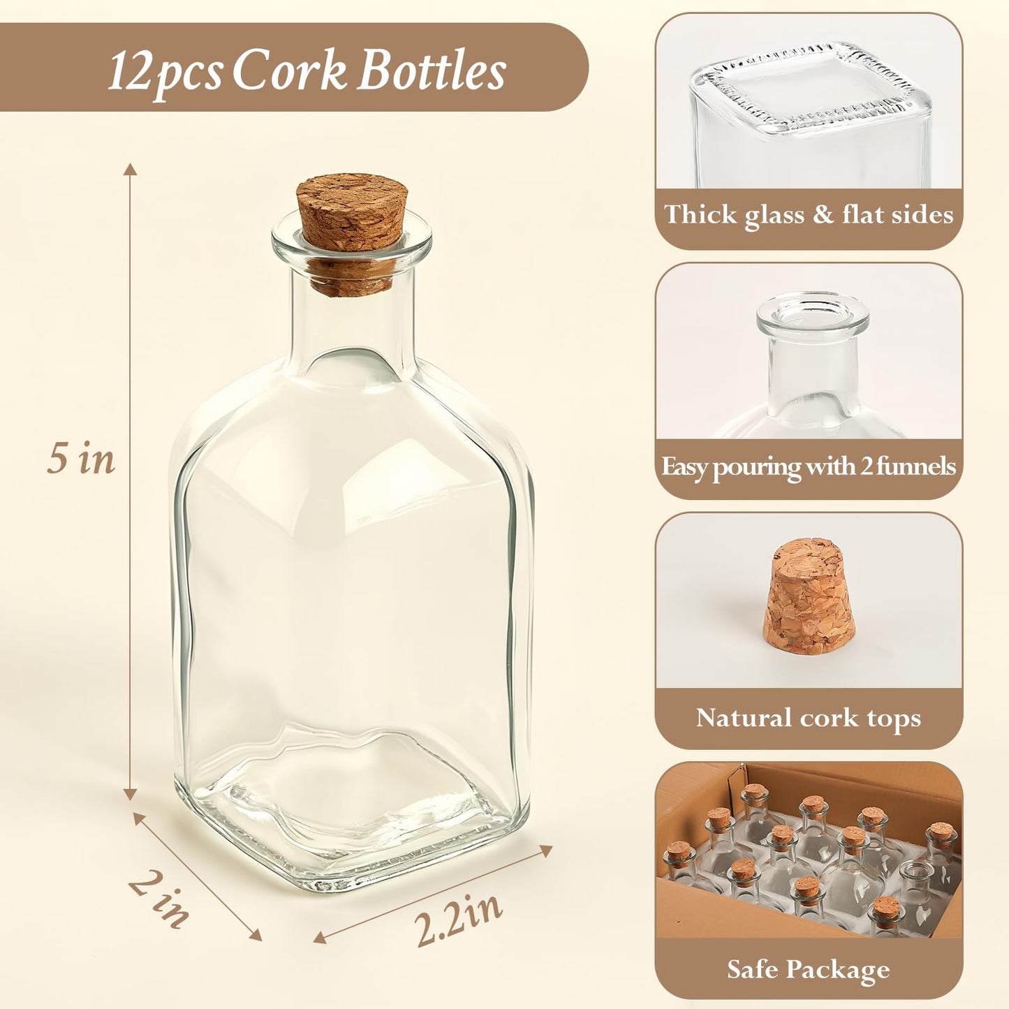 TBWIND 12 Pack 4oz Glass Potion Bottles with Cork, Clear Square-Round Mini Vases, 120ml Jars for Sand Art, Wedding Favors, Spices, DIY Crafts with 4 Funnels