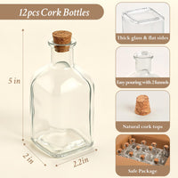 TBWIND 12 Pack 4oz Glass Potion Bottles with Cork, Clear Square-Round Mini Vases, 120ml Jars for Sand Art, Wedding Favors, Spices, DIY Crafts with 4 Funnels