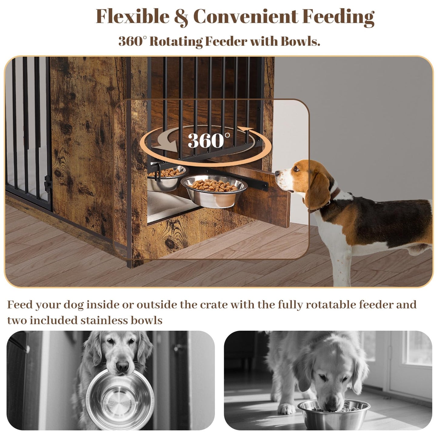 TBWIND Dog Crate Furniture with Cushion for Large Dogs, 36" Indoor Wooden Dog Kennel with 270° Swivel Door, 360° Rotating Feeder, Decorative Heavy Duty Dog House with Double Locks & Bowls, Rustic Brown
