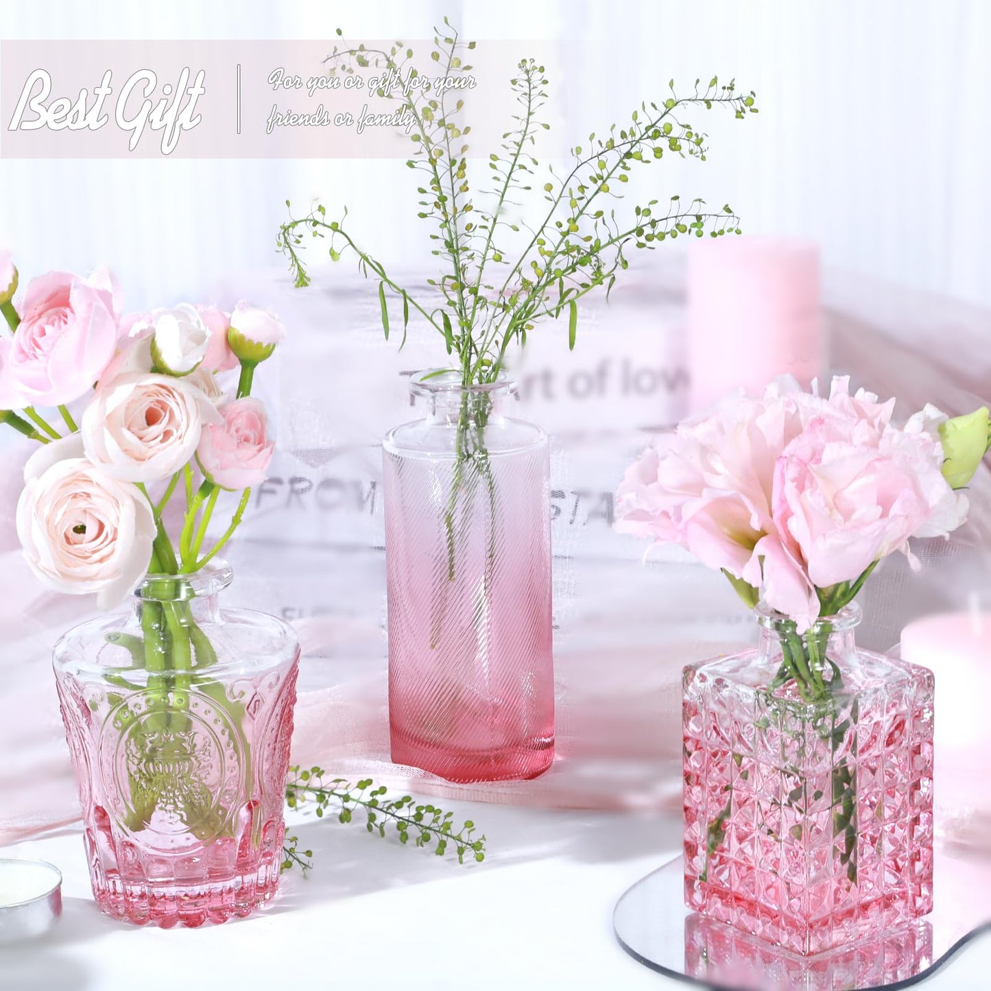 TBWIND Pink Glass Bud Vase Set of 24, Small Flower Vases for Centerpieces in Bulk, Mini Vintage Vase for Wedding Decor, and Home Table Décor