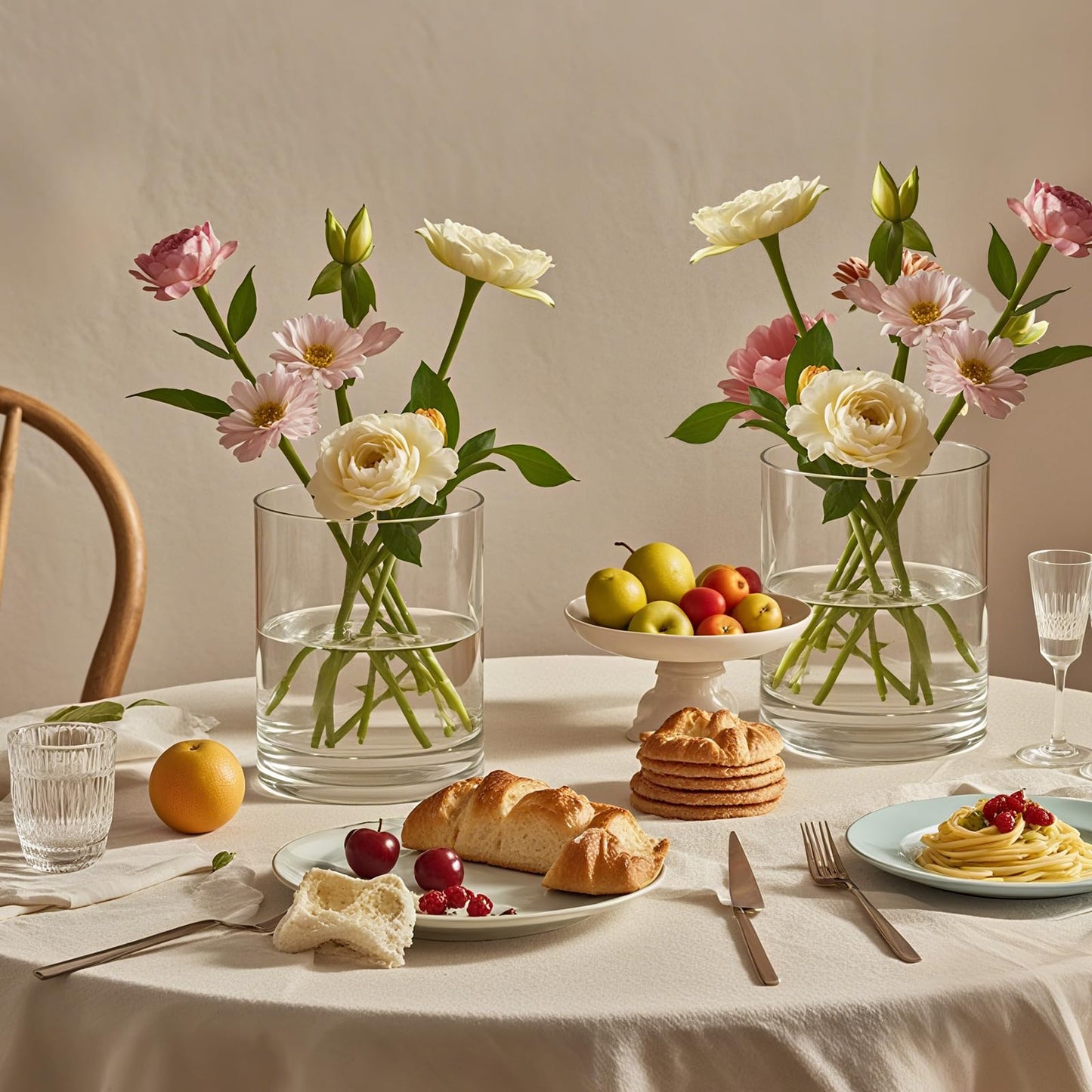 TBWIND 2Pcs Glass Cylinder Vases for Centerpieces, 6" x 4.7" Wide Mouth Flower Vase Hurricane Glass Candle Holders, Clear Vases Bulk with 2 Floral Tapes for Floating Candles Wedding Party Home Decor