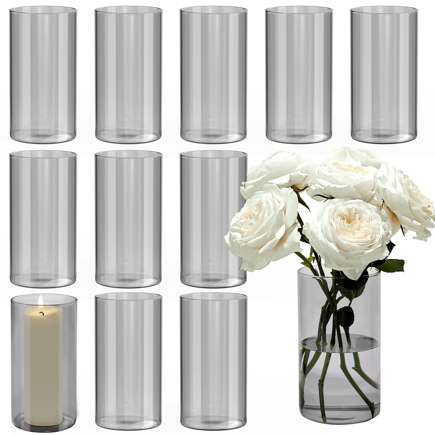 TBWIND 12pcs Glass Gray Cylinder Vases for Centerpieces, 6 Inch Grey Flower Vases for Wedding Decorations, Indoor Home Decor, Hurricane Candle Holder for Table Shelf, Party
