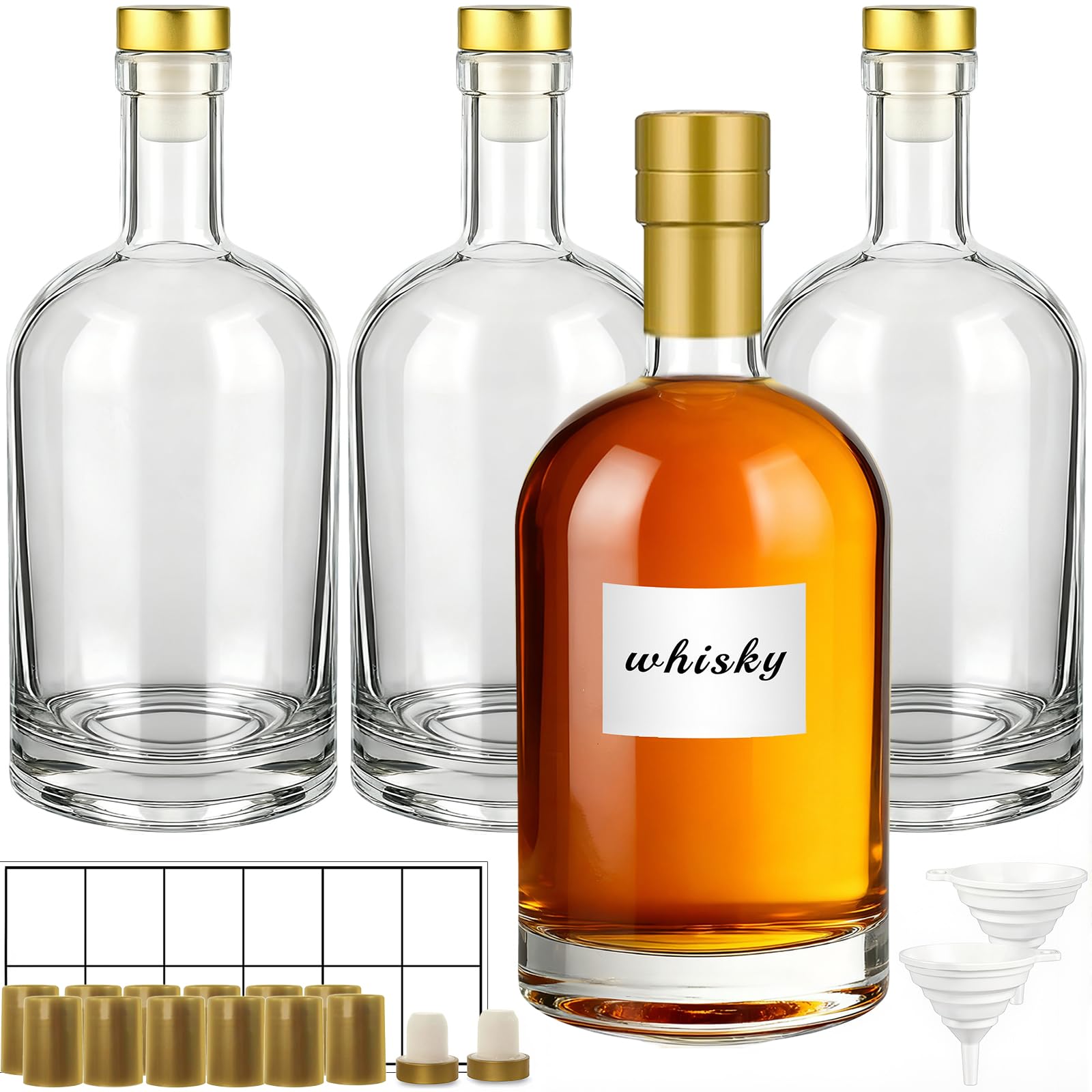 TBWIND 33 oz Clear Glass Bottles with Cork, 4 Pack Clear 1000ml Liquor Bottles, Thick Heavy Base Airtight Wine Bottles for Beverages, Liquor, Whiskey, Oil, Vinegar, Wedding Favors & Crafts