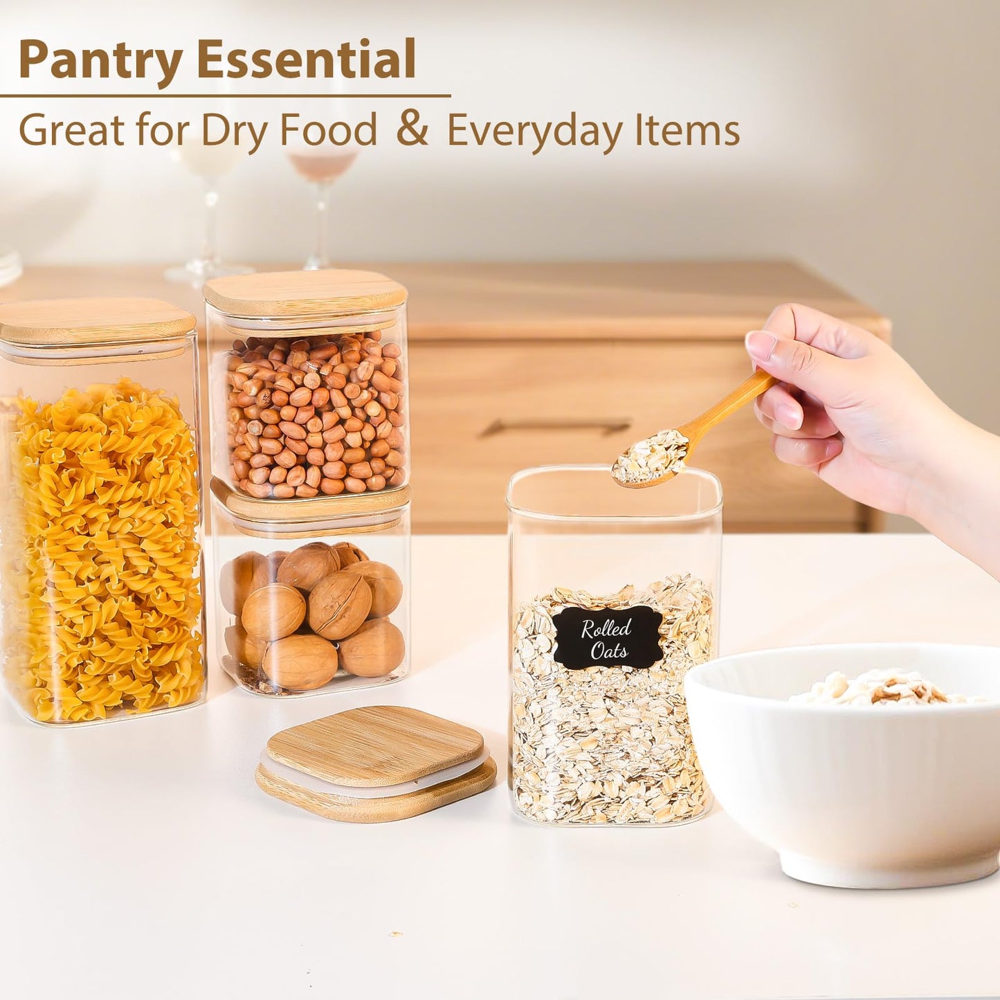 TBWIND 6 Pack Square Glass Storage Containers with Bamboo Lids (24oz/37oz/51oz) – Clear Food Airtight Canisters Sets for The Kitchen, Glass Jars for Coffee Beans, Coffee, Flour, Snacks, Spices