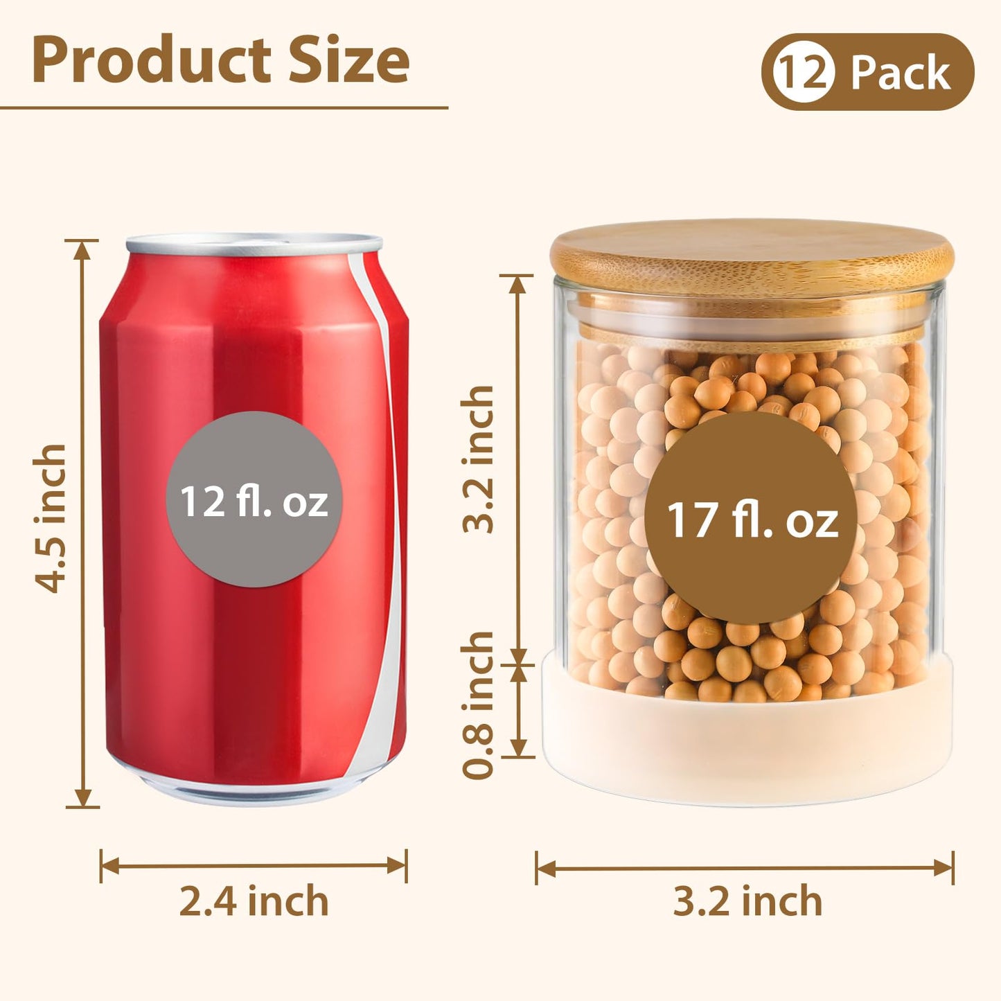 TBWIND 17oz Round Glass Storage Containers with Bamboo Lids – 12 Pack Small Airtight Clear Spice Jars for Pantry Organization, Kitchen Dry Food, Flour, Spice, Coffee Beans, Staples & Snacks