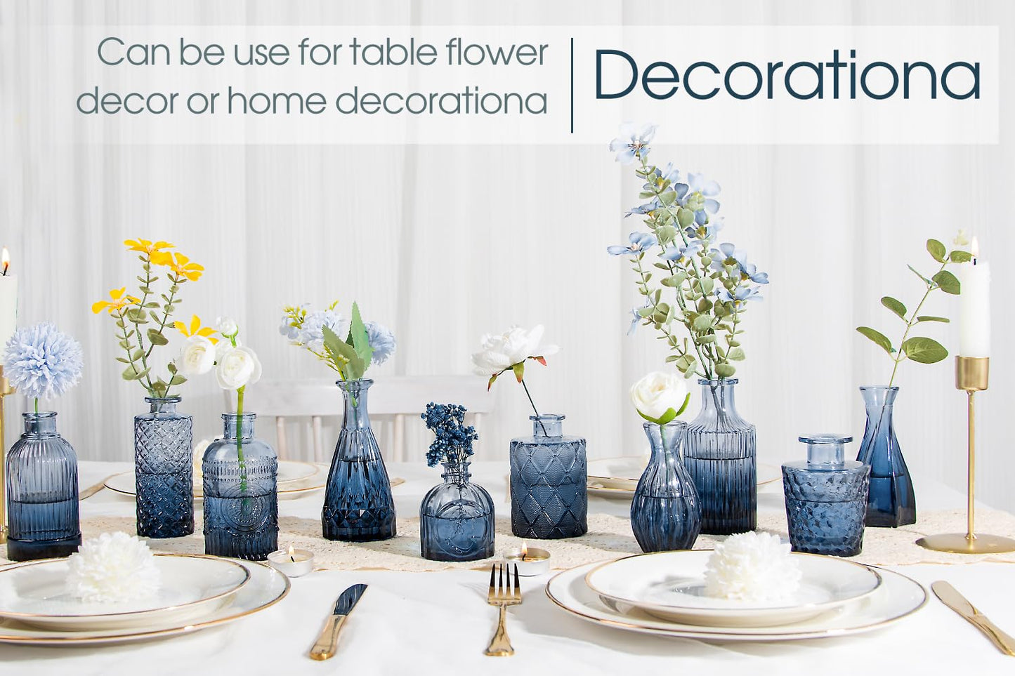 TBWIND 12Pcs Blue Glass Bud Vases Set, Small Vases for Flowers, Perfect for Centerpieces at Parties, Baby Showers, Weddings, Events, Graduation Season, Great Gifts for Office & Home Décor