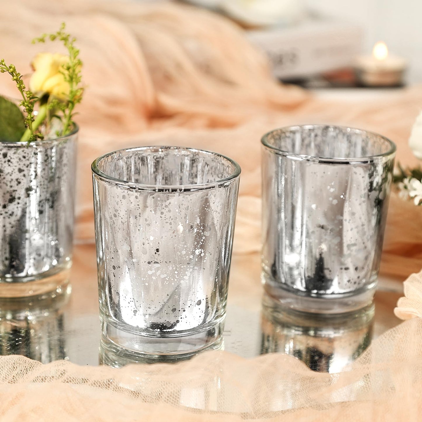 TBWIND 24 Pcs Silver Votive Candle Holders, Speckled Mercury Silver Glass Candle Holder Bulk for Wedding Centerpiece Table Decor, Tea Lights Candle Holder for Valentines Day Decor, Home Decor