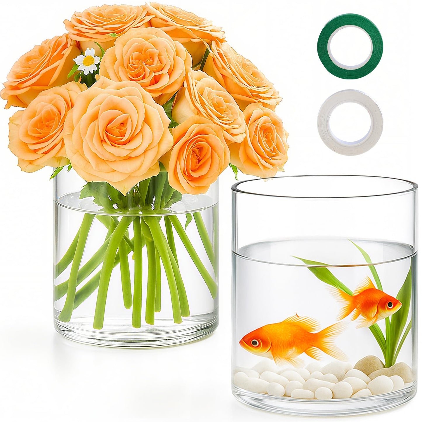 TBWIND 2Pcs Glass Cylinder Vases for Centerpieces, 6" x 4.7" Wide Mouth Flower Vase Hurricane Glass Candle Holders, Clear Vases Bulk with 2 Floral Tapes for Floating Candles Wedding Party Home Decor