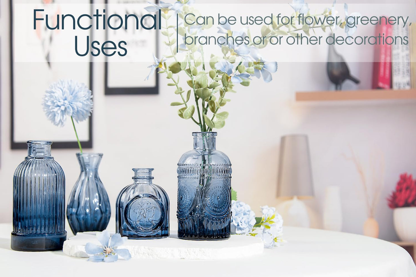 TBWIND 12Pcs Blue Glass Bud Vases Set, Small Vases for Flowers, Perfect for Centerpieces at Parties, Baby Showers, Weddings, Events, Graduation Season, Great Gifts for Office & Home Décor