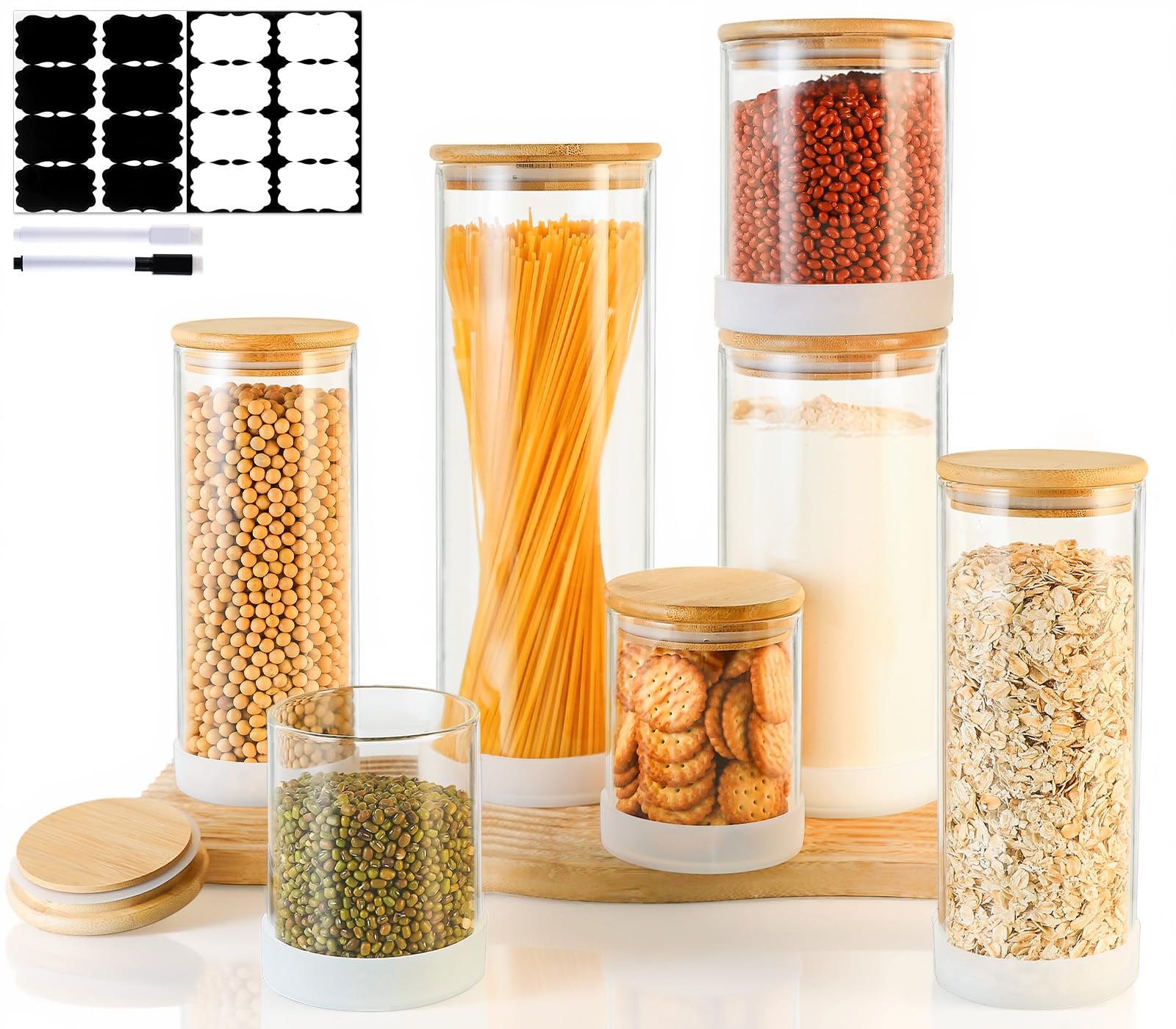 TBWIND Glass Storage Containers with Bamboo Lids – 7 Pack Airtight Clear Glass Jars in Mixed Sizes (17oz/25oz/34oz/53oz/73oz) for Pantry Organization, Kitchen Dry Food, Coffee, Flour, Pasta & Snacks