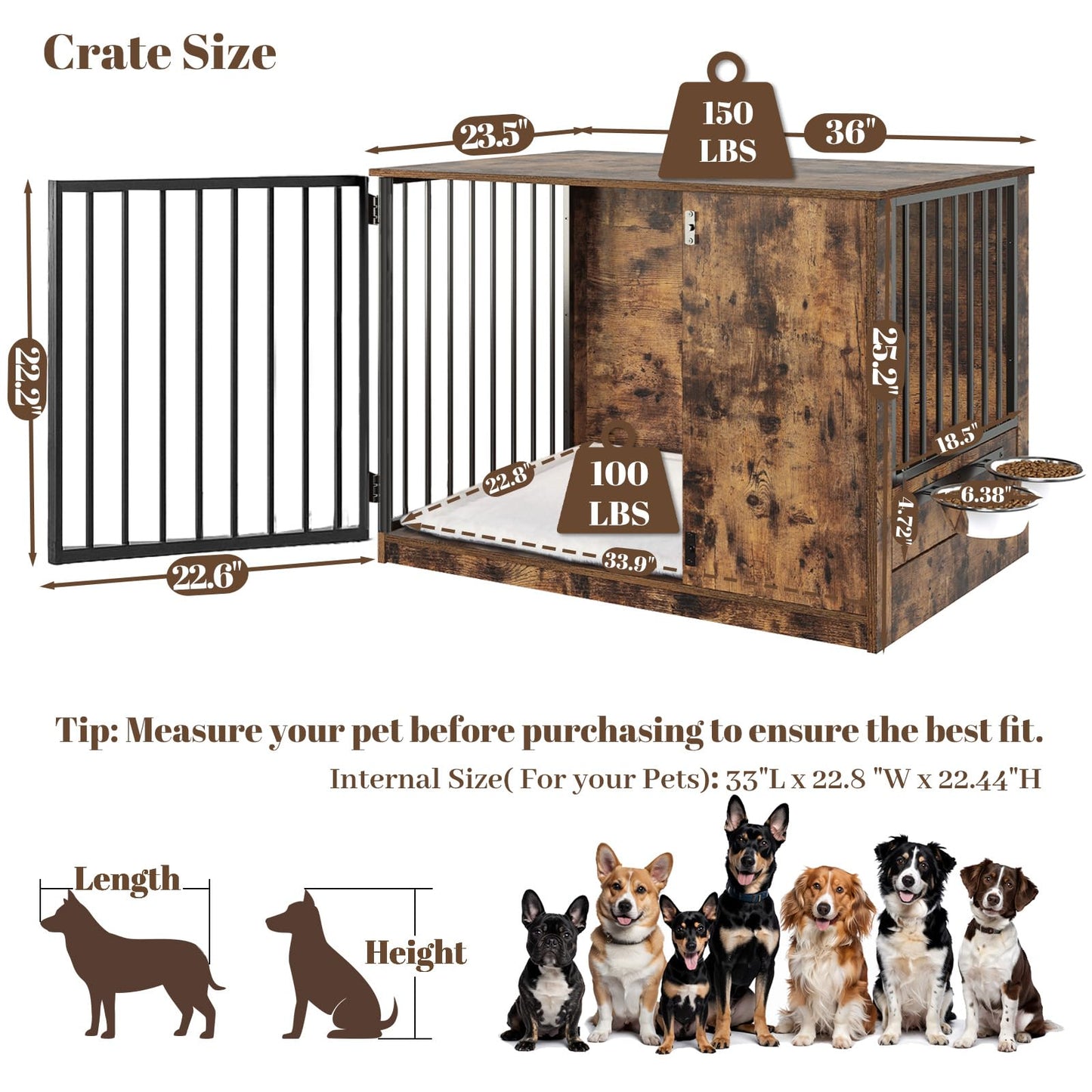TBWIND Dog Crate Furniture with Cushion for Large Dogs, 36" Indoor Wooden Dog Kennel with 270° Swivel Door, 360° Rotating Feeder, Decorative Heavy Duty Dog House with Double Locks & Bowls, Rustic Brown