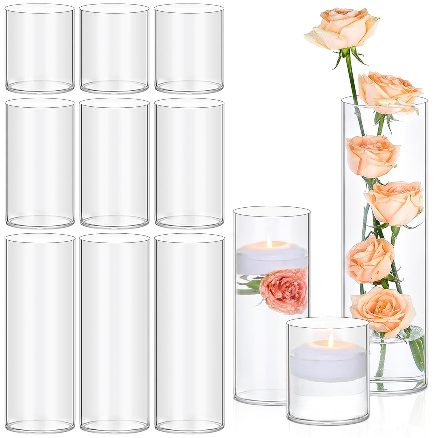 TBWIND 12 Pack Glass Cylinder Vases 4, 8, 12 Inch Tall Clear Vases for Centerpieces Wedding Decoration, Clear Glass Flower Vases Hurricane Floating Candle Holder for Party Table Home Decor