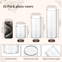 TBWIND 12 Pack Glass Cylinder Vases 4, 8, 12 Inch Tall Clear Vases for Centerpieces Wedding Decoration, Clear Glass Flower Vases Hurricane Floating Candle Holder for Party Table Home Decor