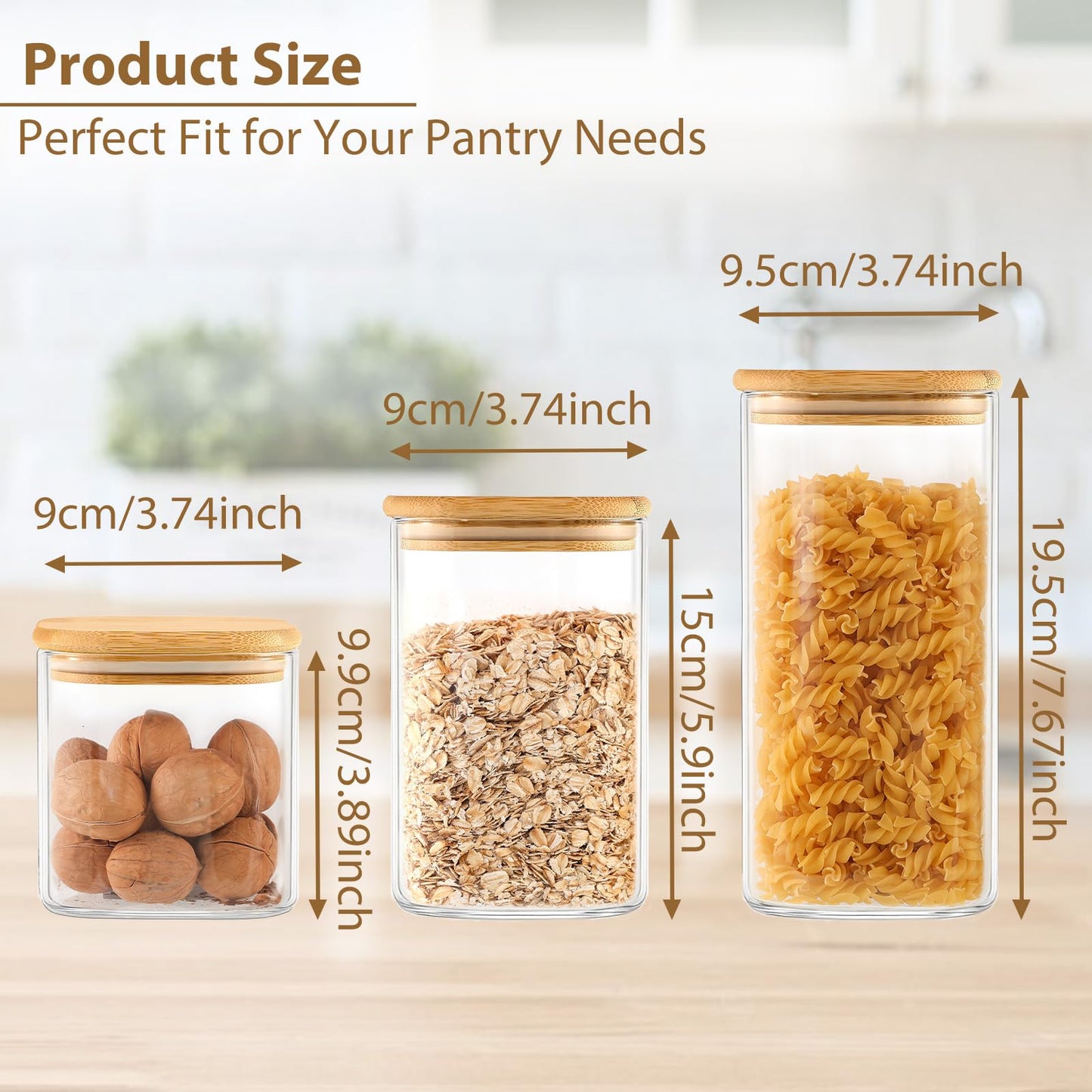 TBWIND 6 Pack Square Glass Storage Containers with Bamboo Lids (24oz/37oz/51oz) – Clear Food Airtight Canisters Sets for The Kitchen, Glass Jars for Coffee Beans, Coffee, Flour, Snacks, Spices