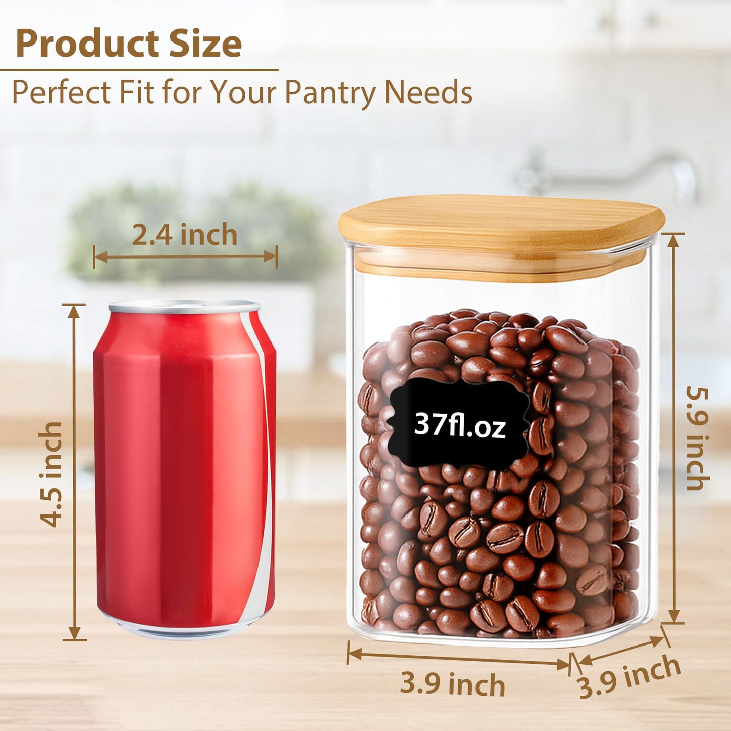 TBWIND 37oz(1.2Qt) Square Glass Storage Containers with Bamboo Lids – 4 Pack Clear Food Airtight Glass Jars for Pantry Organizers and Storage, Kitchen Dry Food, Coffee, Sugar, Flour, Snacks, Spices